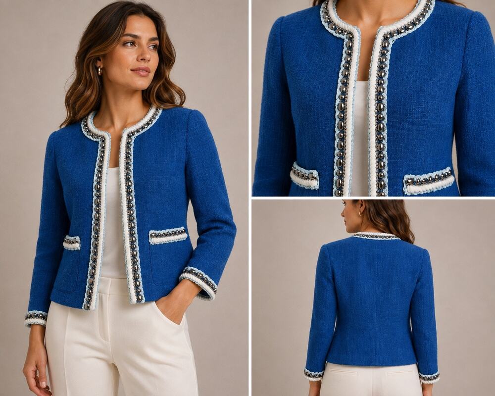 Luciano Dante Blue Tweed Jacket S Embellished Chain Trim Boucle Blazer